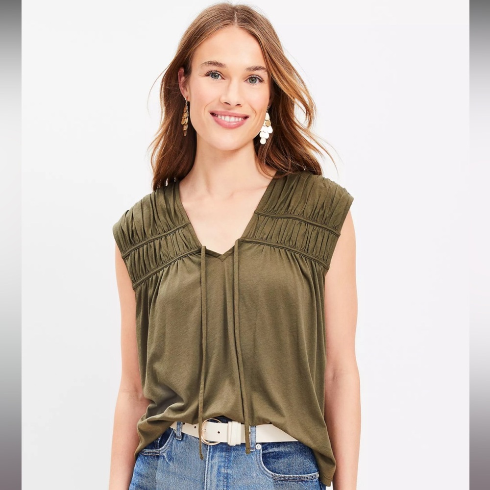 LOFT Shirred Tie Neck Top Evening Olive Size Small